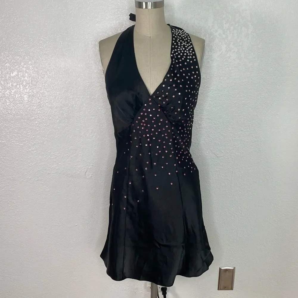 Vintage Fredericks of Hollywood Y2K 90s black satin embellished slip mini dress